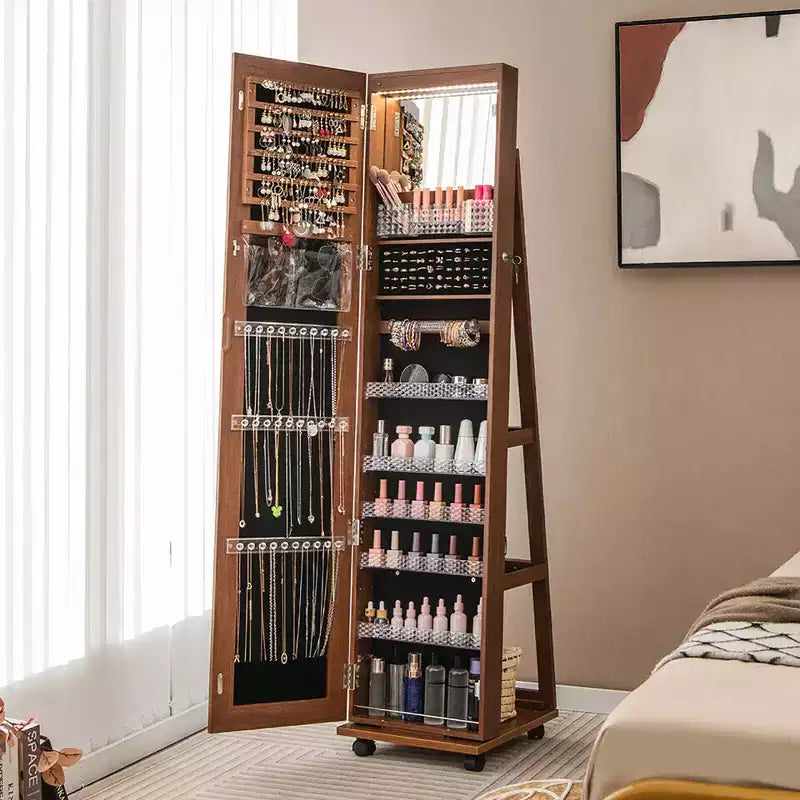 162.6 cm Lockable Jewelry Cabinet Armoire with Mirror and LED Lights