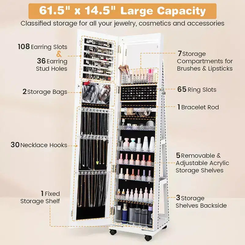 162.6 cm Lockable Jewelry Cabinet Armoire with Mirror and LED Lights