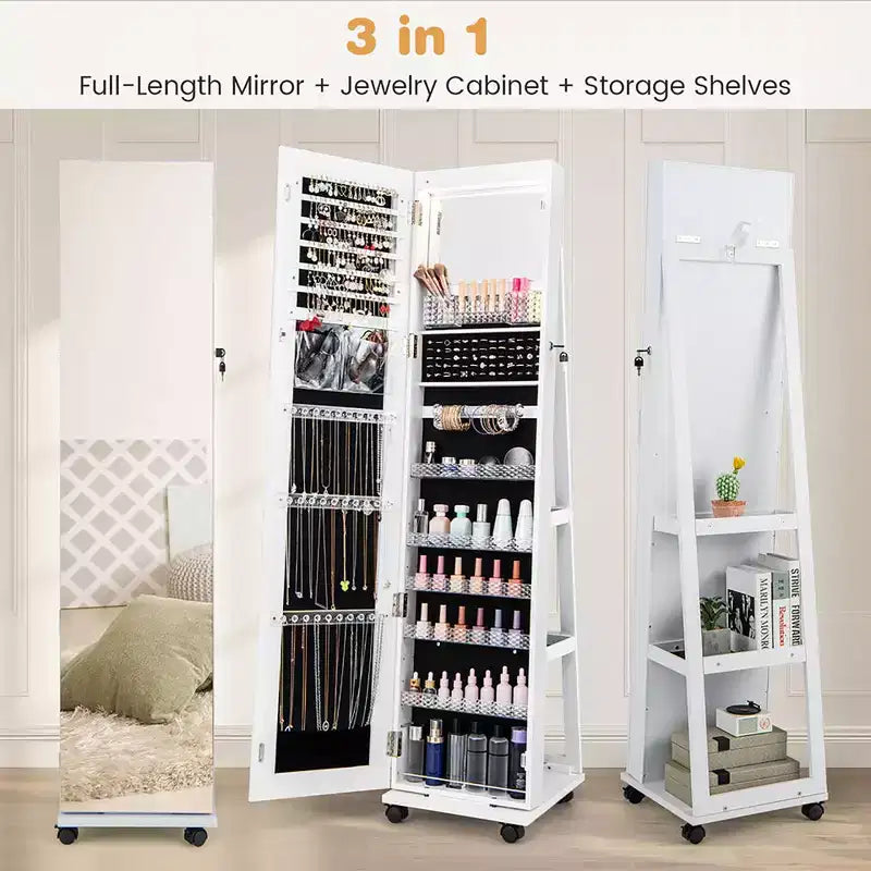 162.6 cm Lockable Jewelry Cabinet Armoire with Mirror and LED Lights