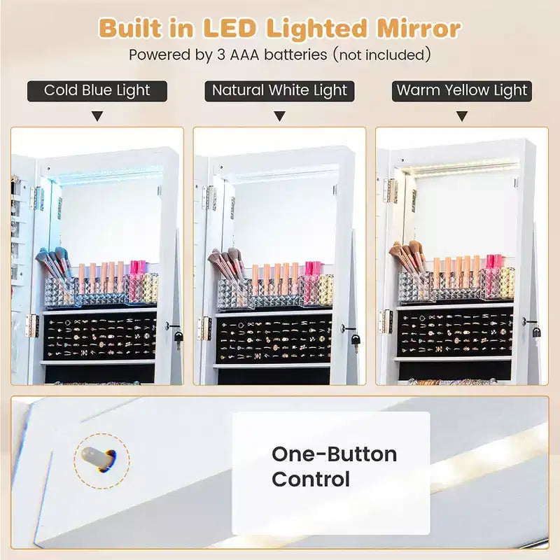162.6 cm Lockable Jewelry Cabinet Armoire with Mirror and LED Lights