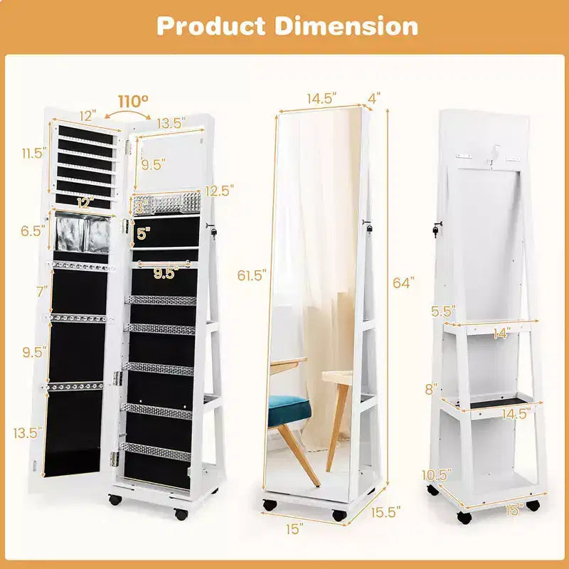 162.6 cm Lockable Jewelry Cabinet Armoire with Mirror and LED Lights