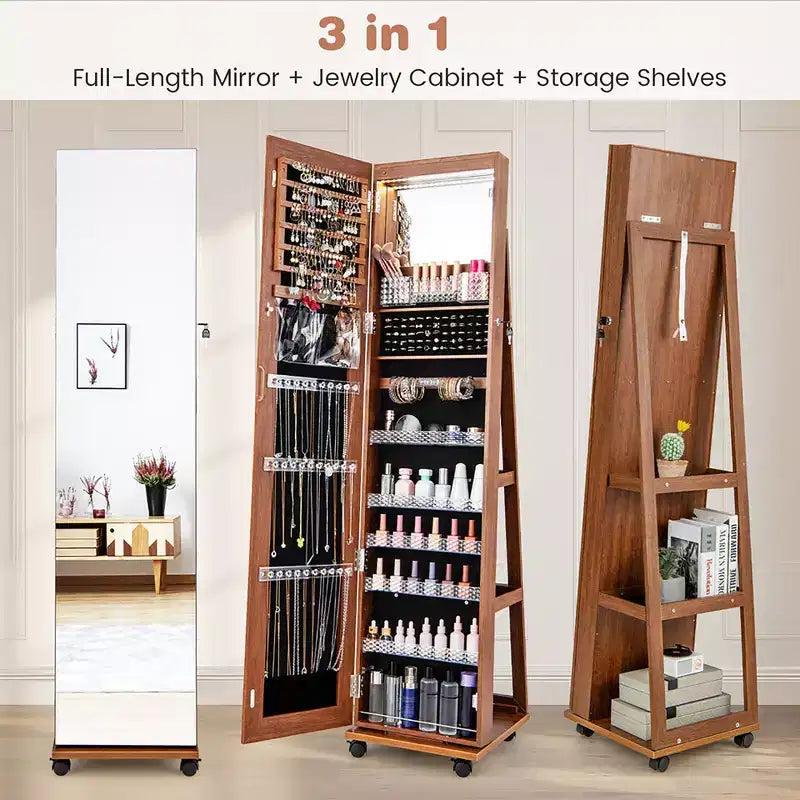 162.6 cm Lockable Jewelry Cabinet Armoire with Mirror and LED Lights