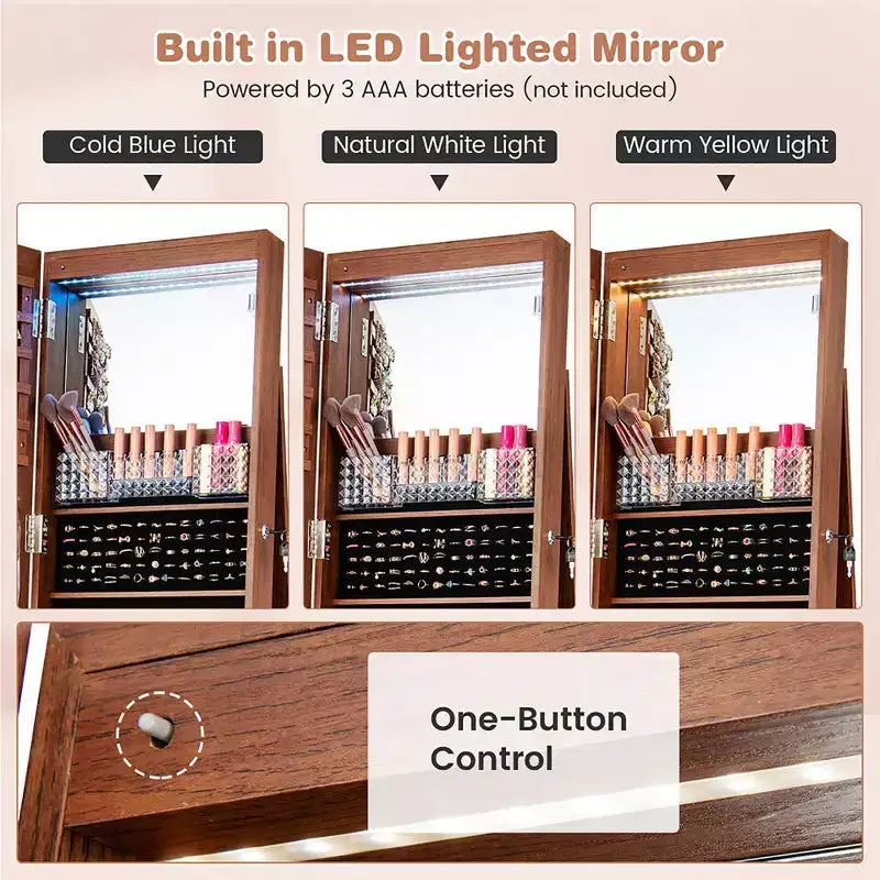 162.6 cm Lockable Jewelry Cabinet Armoire with Mirror and LED Lights