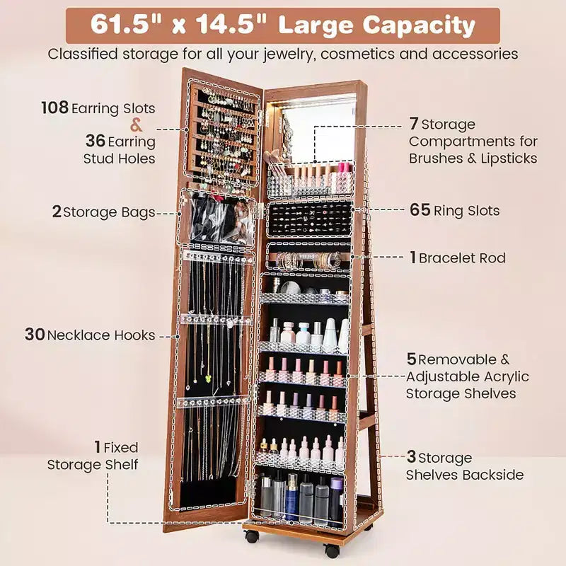 162.6 cm Lockable Jewelry Cabinet Armoire with Mirror and LED Lights