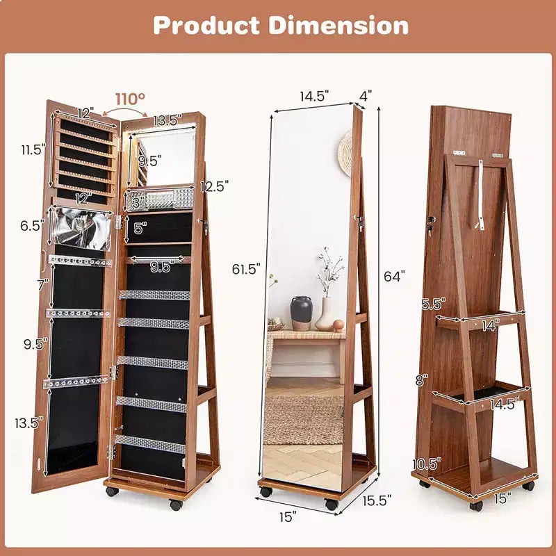 162.6 cm Lockable Jewelry Cabinet Armoire with Mirror and LED Lights