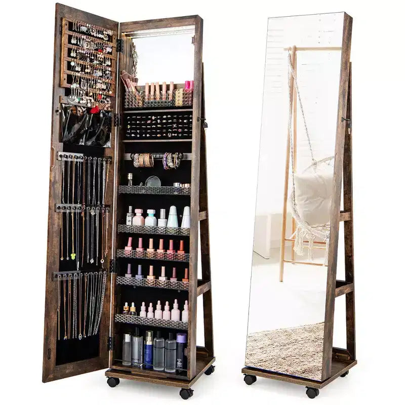 162.6 cm Lockable Jewelry Cabinet Armoire with Mirror and LED Lights