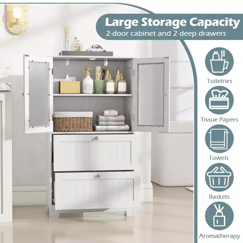 Freestanding Bathroom Floor Storage Cabinet with 2 Drawers and Cupboard