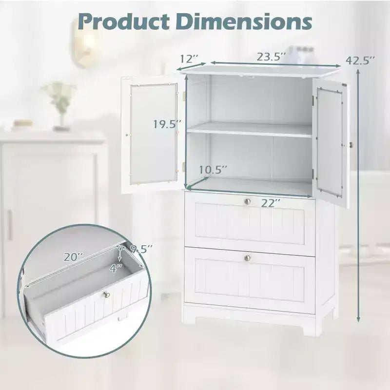 Freestanding Bathroom Floor Storage Cabinet with 2 Drawers and Cupboard