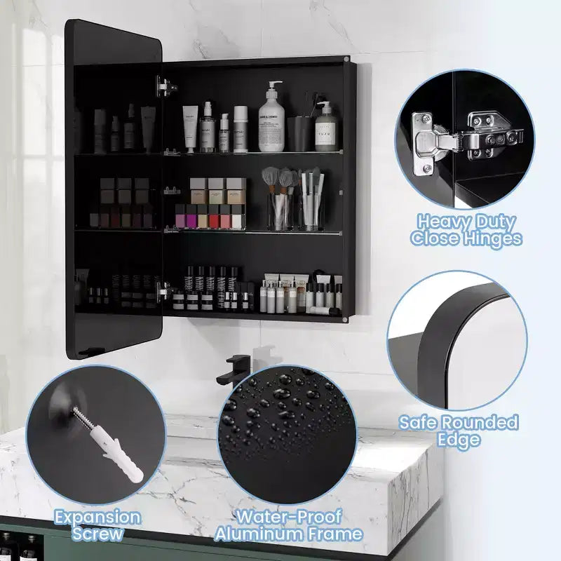 50.8 × 76.2 cm Bathroom Mirror Cabinet with Aluminum Frame and Adjustable Shelves