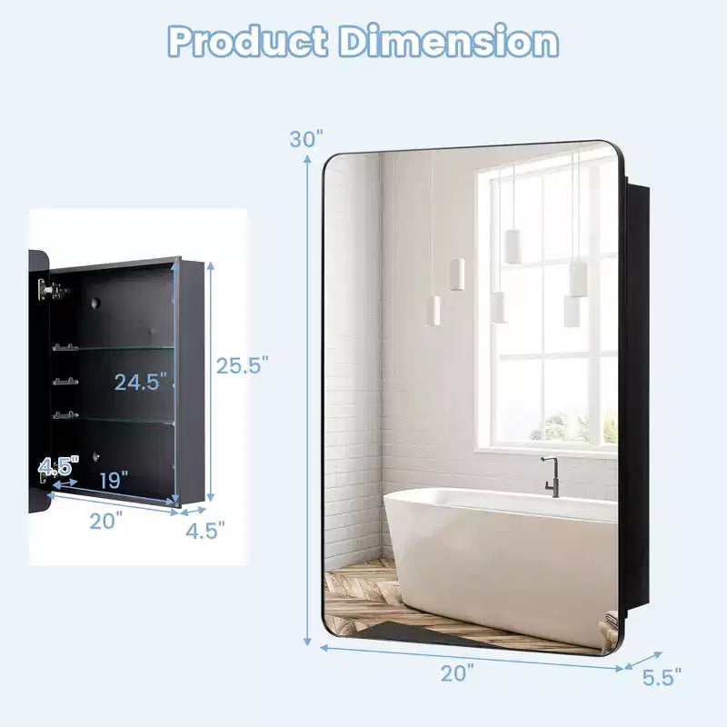 50.8 × 76.2 cm Bathroom Mirror Cabinet with Aluminum Frame and Adjustable Shelves