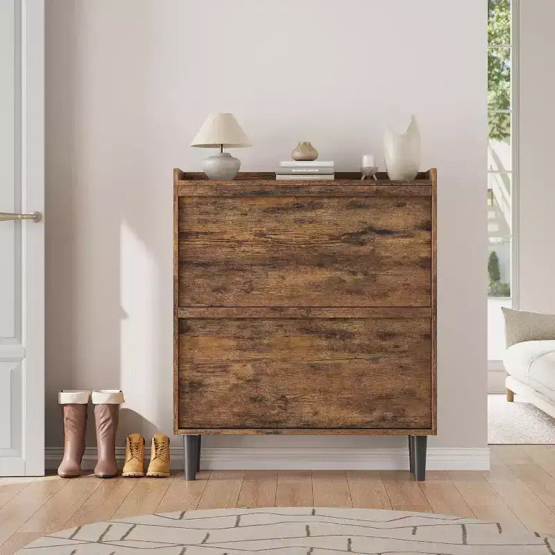 2-Drawer Wooden Shoe Cabinet with Adjustable Shelf - Hidden Entryway & Hallway Storage Organizer for Living Room Space-Saving Solution