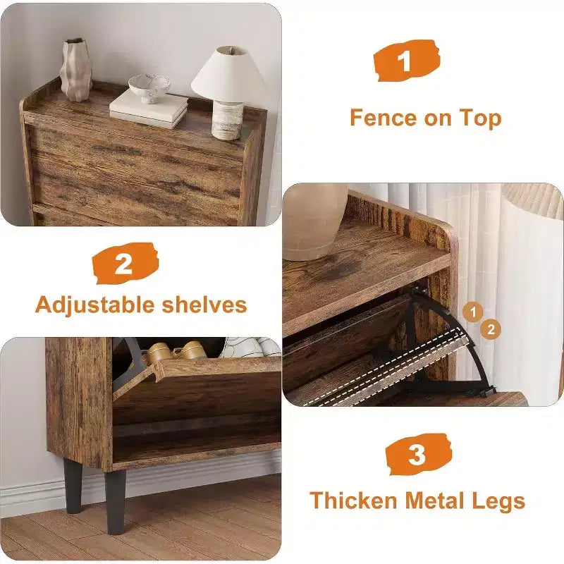 2-Drawer Wooden Shoe Cabinet with Adjustable Shelf - Hidden Entryway & Hallway Storage Organizer for Living Room Space-Saving Solution