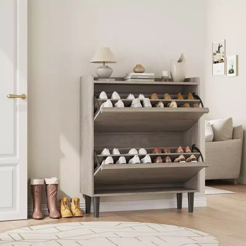 2-Drawer Wooden Shoe Cabinet with Adjustable Shelf - Hidden Entryway & Hallway Storage Organizer for Living Room Space-Saving Solution