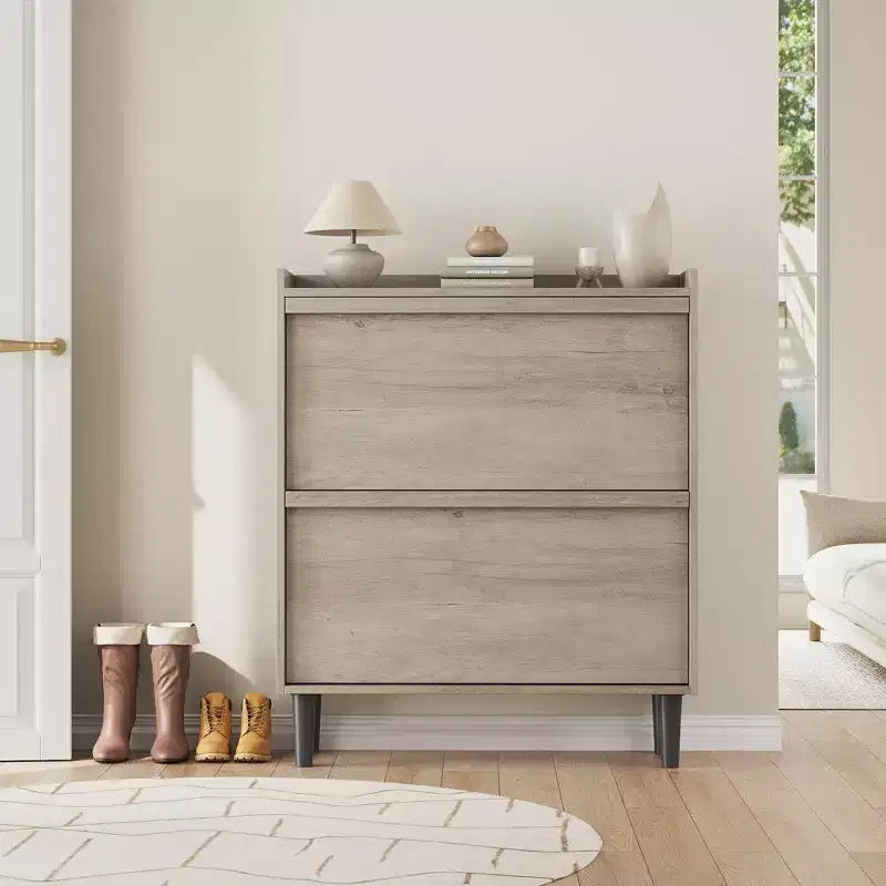 2-Drawer Wooden Shoe Cabinet with Adjustable Shelf - Hidden Entryway & Hallway Storage Organizer for Living Room Space-Saving Solution