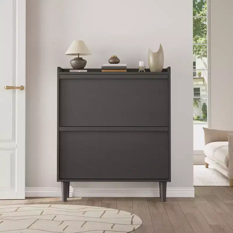 2-Drawer Wooden Shoe Cabinet with Adjustable Shelf - Hidden Entryway & Hallway Storage Organizer for Living Room Space-Saving Solution