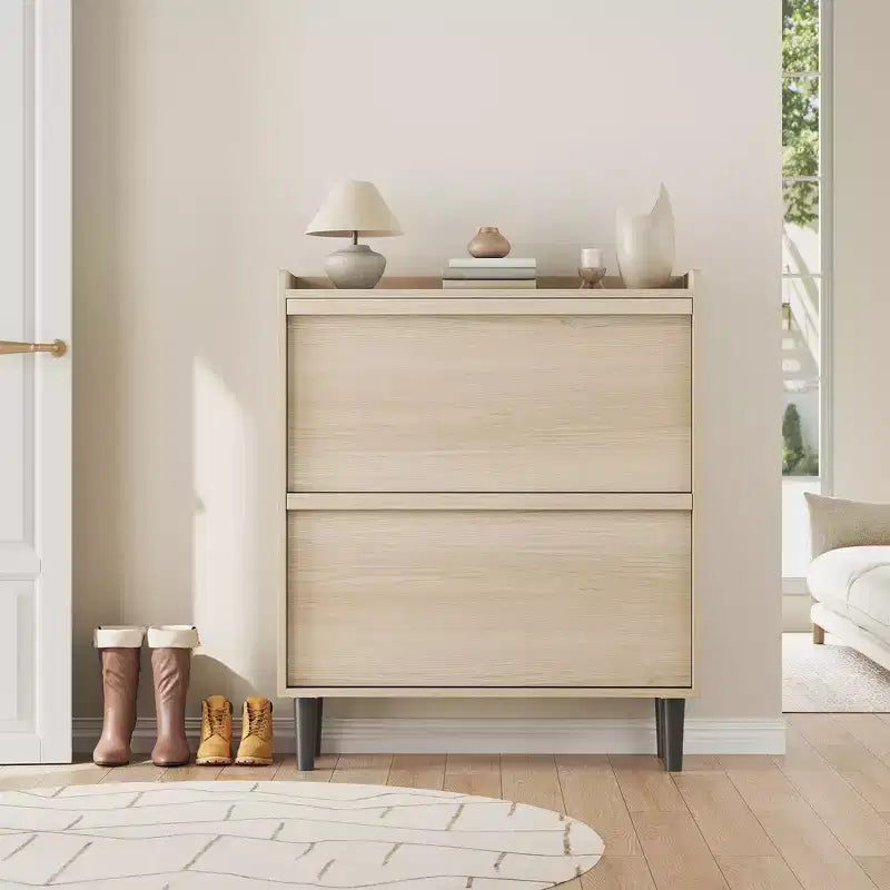 2-Drawer Wooden Shoe Cabinet with Adjustable Shelf - Hidden Entryway & Hallway Storage Organizer for Living Room Space-Saving Solution