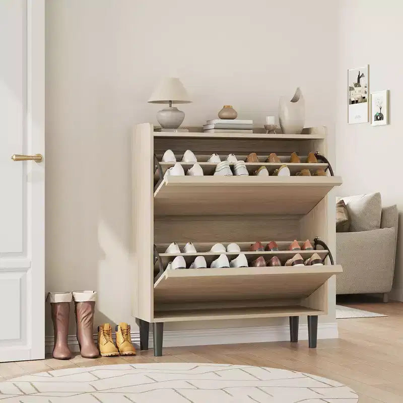 2-Drawer Wooden Shoe Cabinet with Adjustable Shelf - Hidden Entryway & Hallway Storage Organizer for Living Room Space-Saving Solution