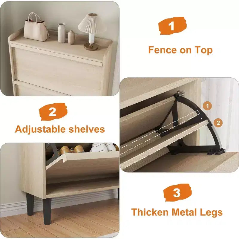 2-Drawer Wooden Shoe Cabinet with Adjustable Shelf - Hidden Entryway & Hallway Storage Organizer for Living Room Space-Saving Solution