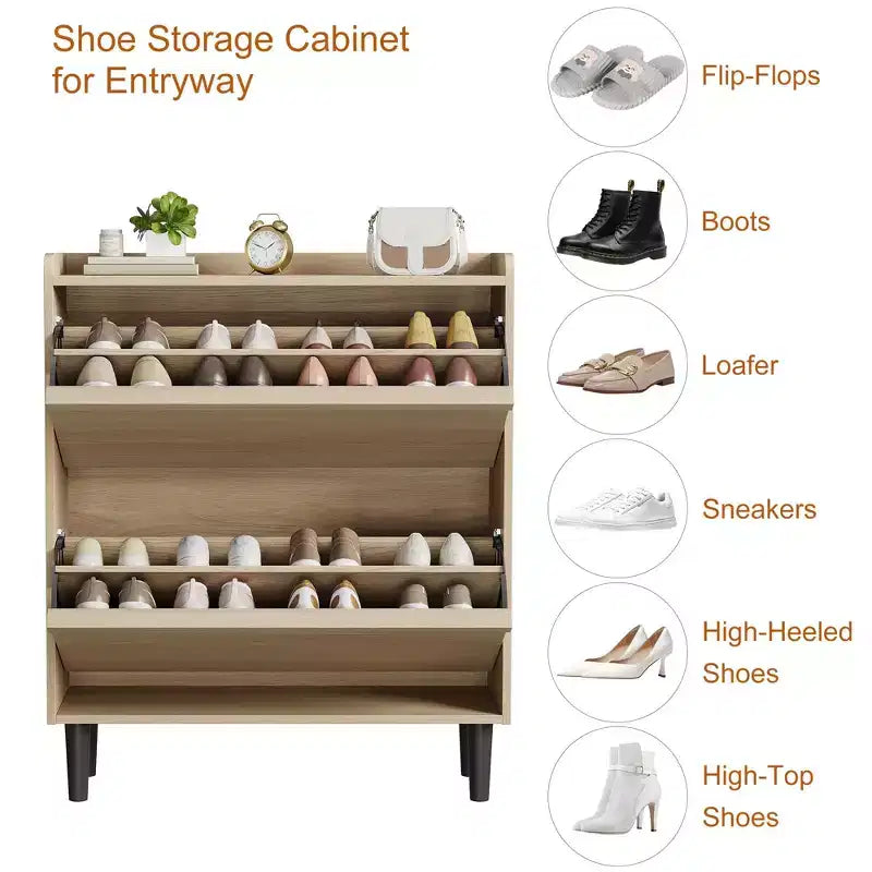 2-Drawer Wooden Shoe Cabinet with Adjustable Shelf - Hidden Entryway & Hallway Storage Organizer for Living Room Space-Saving Solution