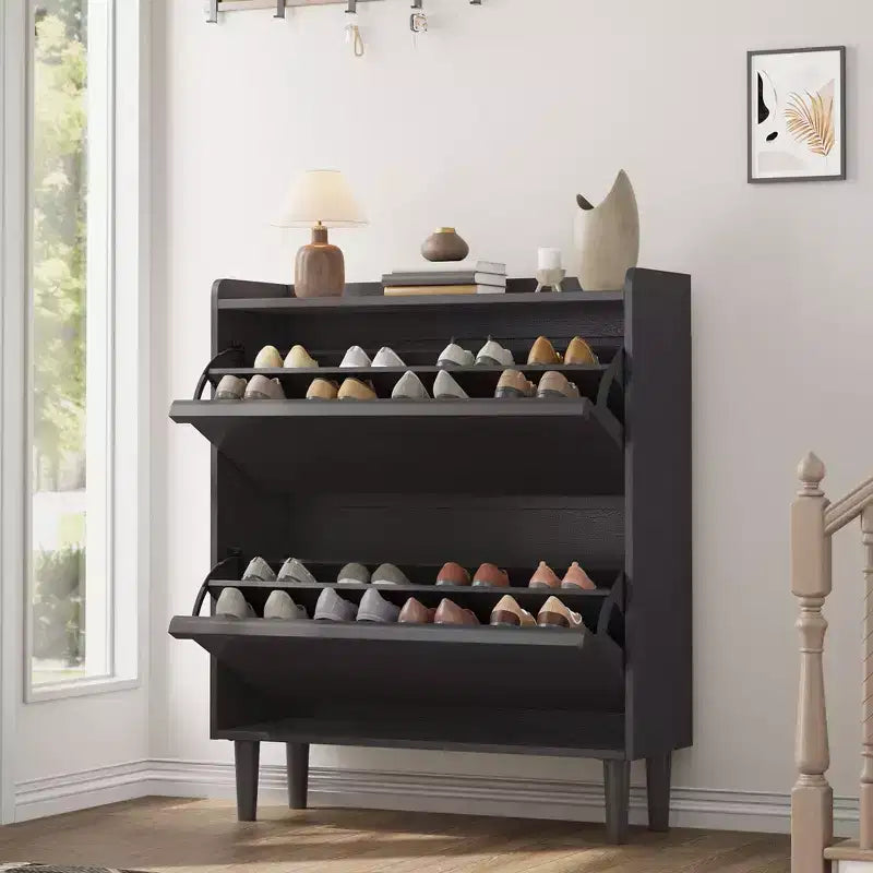 2-Drawer Wooden Shoe Cabinet with Adjustable Shelf - Hidden Entryway & Hallway Storage Organizer for Living Room Space-Saving Solution