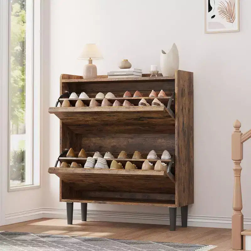 2-Drawer Wooden Shoe Cabinet with Adjustable Shelf - Hidden Entryway & Hallway Storage Organizer for Living Room Space-Saving Solution