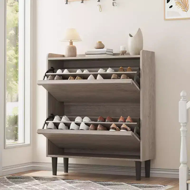 2-Drawer Wooden Shoe Cabinet with Adjustable Shelf - Hidden Entryway & Hallway Storage Organizer for Living Room Space-Saving Solution