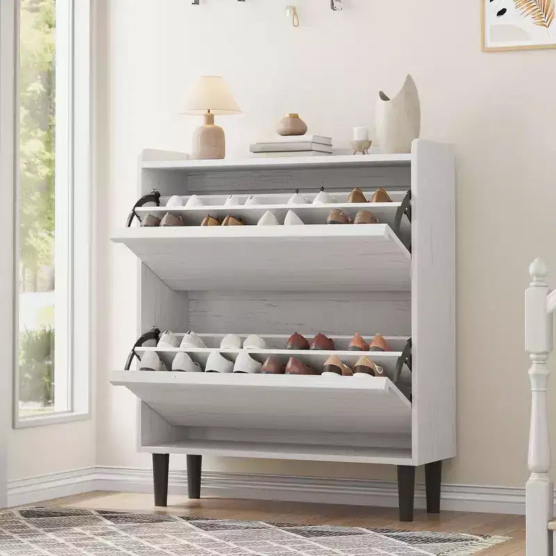 2-Drawer Wooden Shoe Cabinet with Adjustable Shelf - Hidden Entryway & Hallway Storage Organizer for Living Room Space-Saving Solution