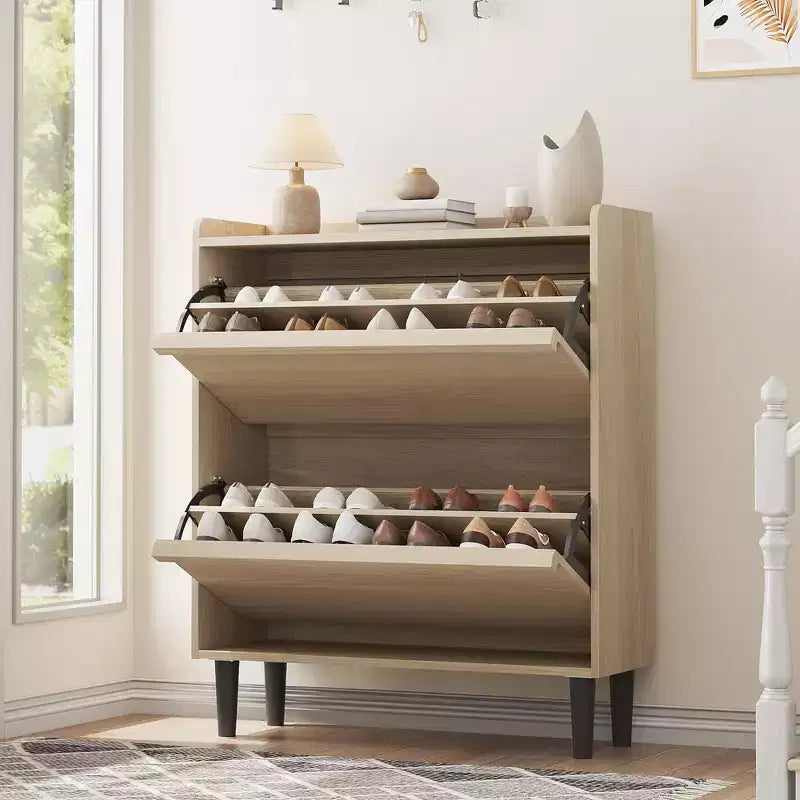 2-Drawer Wooden Shoe Cabinet with Adjustable Shelf - Hidden Entryway & Hallway Storage Organizer for Living Room Space-Saving Solution