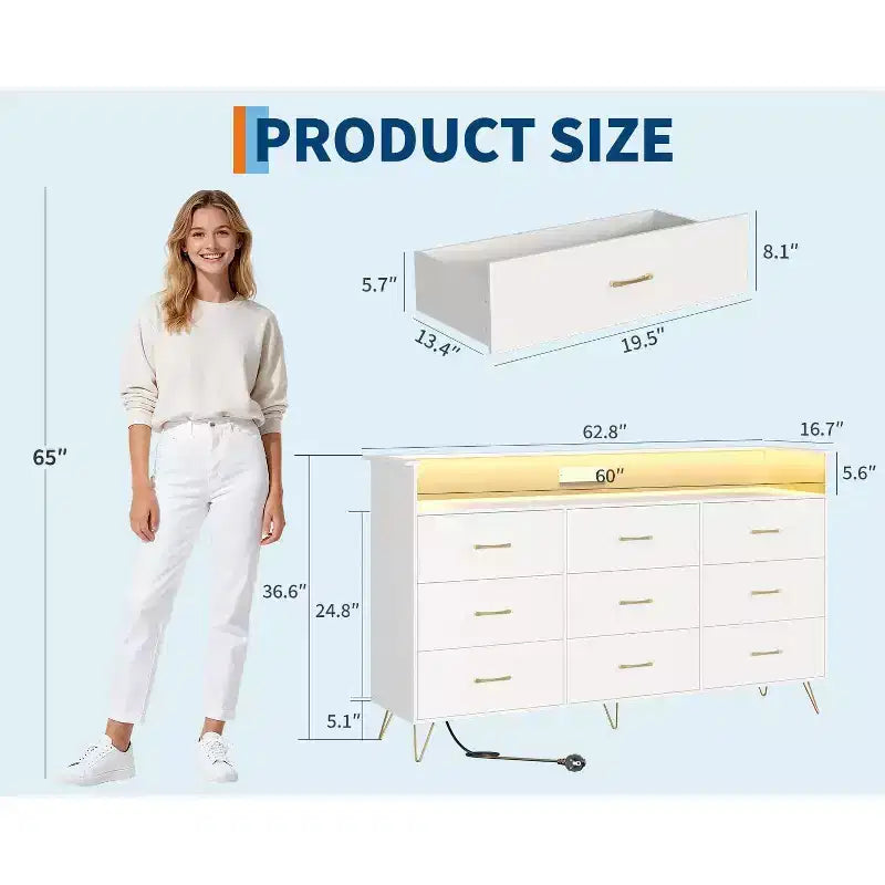 93.0 × 159.5 × 42.4 cm 9-Drawer Tall Dresser, Modern Storage Cabinet with Multi-Functional Organizer for Multi-Room Use, Sleek Design