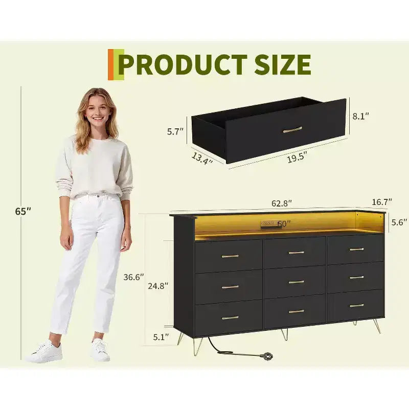 93.0 × 159.5 × 42.4 cm 9-Drawer Tall Dresser, Modern Storage Cabinet with Multi-Functional Organizer for Multi-Room Use, Sleek Design