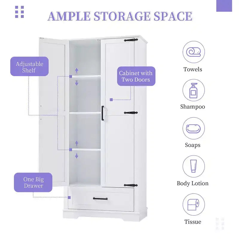 175.3 cm Tall Freestanding Bathroom Storage Cabinet with Adjustable Shelves for Kitchen, Living Room or Utility Room