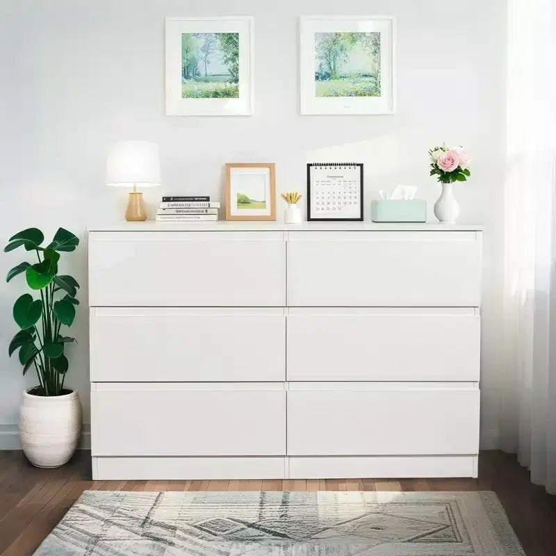 JVNOXK6 Drawer White Dresser, Modern Dresser for Bedroom with Spacious Countertop, Wood Storage Cabinet with Concealed Handles