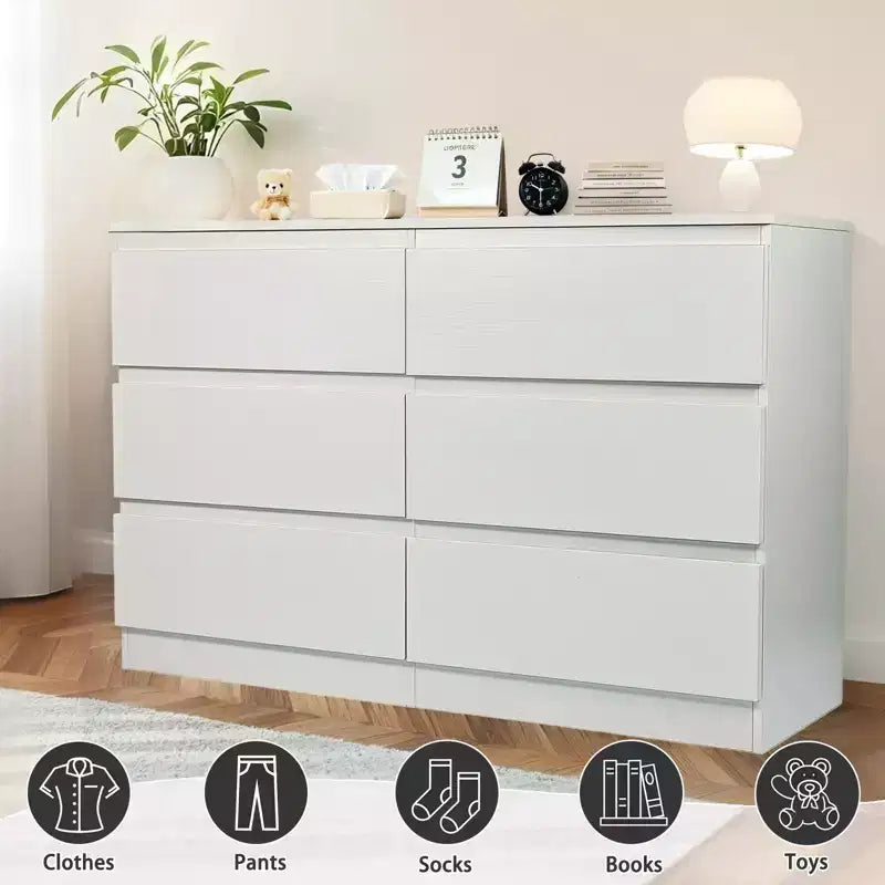 6-Drawer White Dresser, Modern Dresser for Bedroom with Spacious Countertop, Wood Storage Cabinet with Concealed Handles