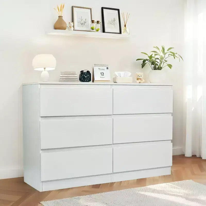 6-Drawer White Dresser, Modern Dresser for Bedroom with Spacious Countertop, Wood Storage Cabinet with Concealed Handles