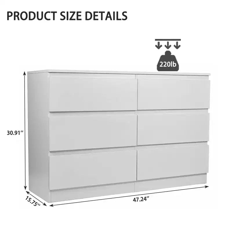 6-Drawer White Dresser, Modern Dresser for Bedroom with Spacious Countertop, Wood Storage Cabinet with Concealed Handles