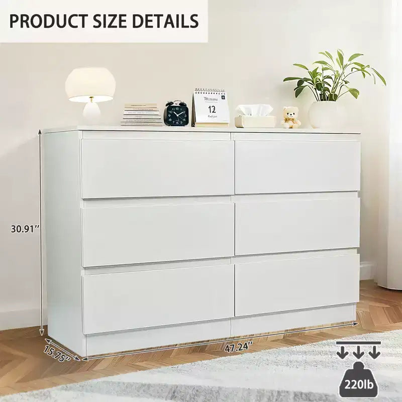 6-Drawer White Dresser, Modern Dresser for Bedroom with Spacious Countertop, Wood Storage Cabinet with Concealed Handles