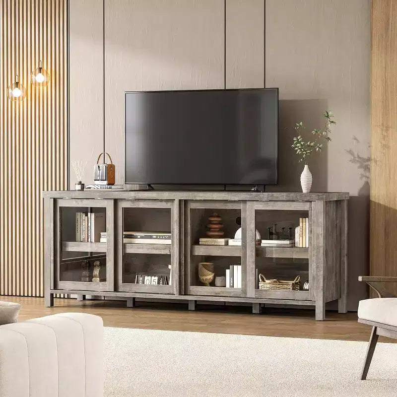 165.1 cm TV Stand Entertainment Center with 4 Glass Doors and Storage Cabinet