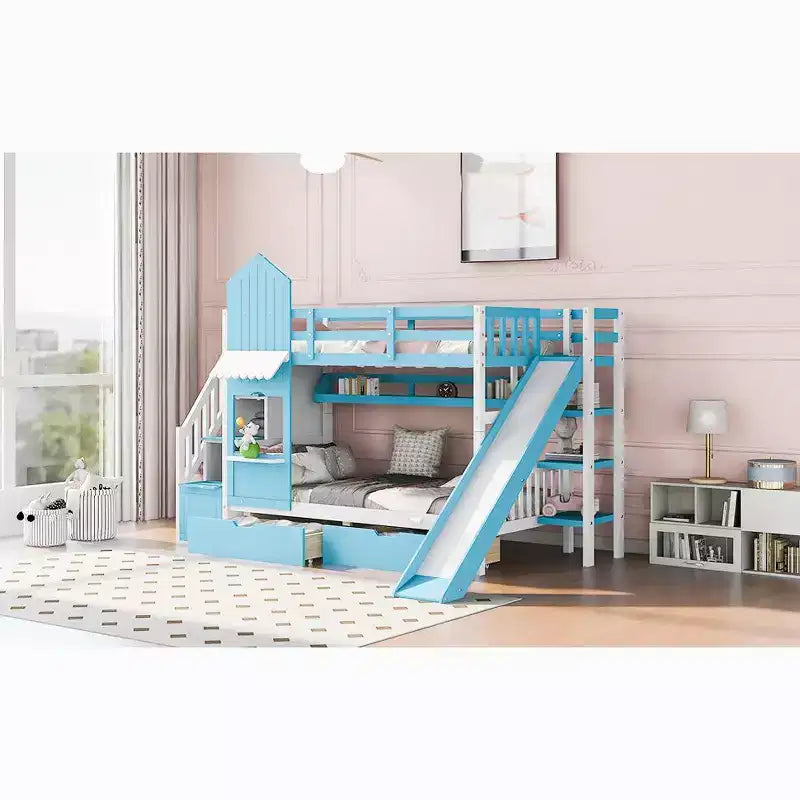 Castle Bunk Bed for Approx. 97 × 191 cm Mattress with 2 Drawers, 3 Shelves & Slide – Kids Loft Bed