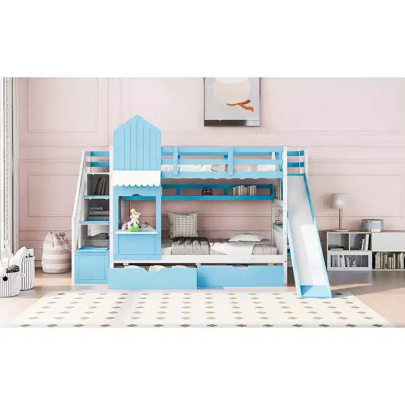 Castle Bunk Bed for Approx. 97 × 191 cm Mattress with 2 Drawers, 3 Shelves & Slide – Kids Loft Bed