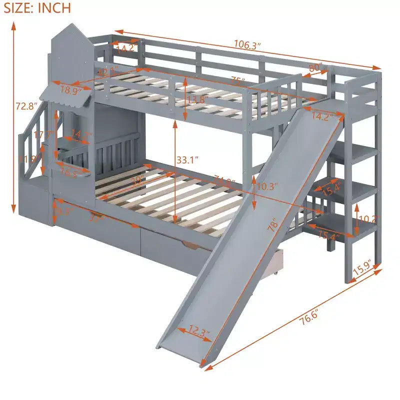 Castle Bunk Bed for Approx. 97 × 191 cm Mattress with 2 Drawers, 3 Shelves & Slide – Kids Loft Bed