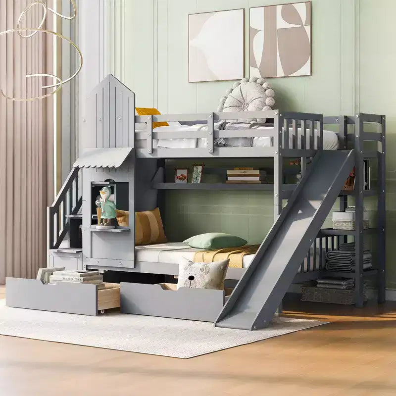 Castle Bunk Bed for Approx. 97 × 191 cm Mattress with 2 Drawers, 3 Shelves & Slide – Kids Loft Bed