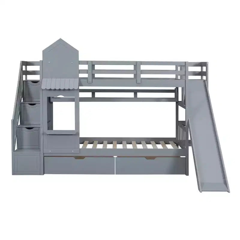 Castle Bunk Bed for Approx. 97 × 191 cm Mattress with 2 Drawers, 3 Shelves & Slide – Kids Loft Bed
