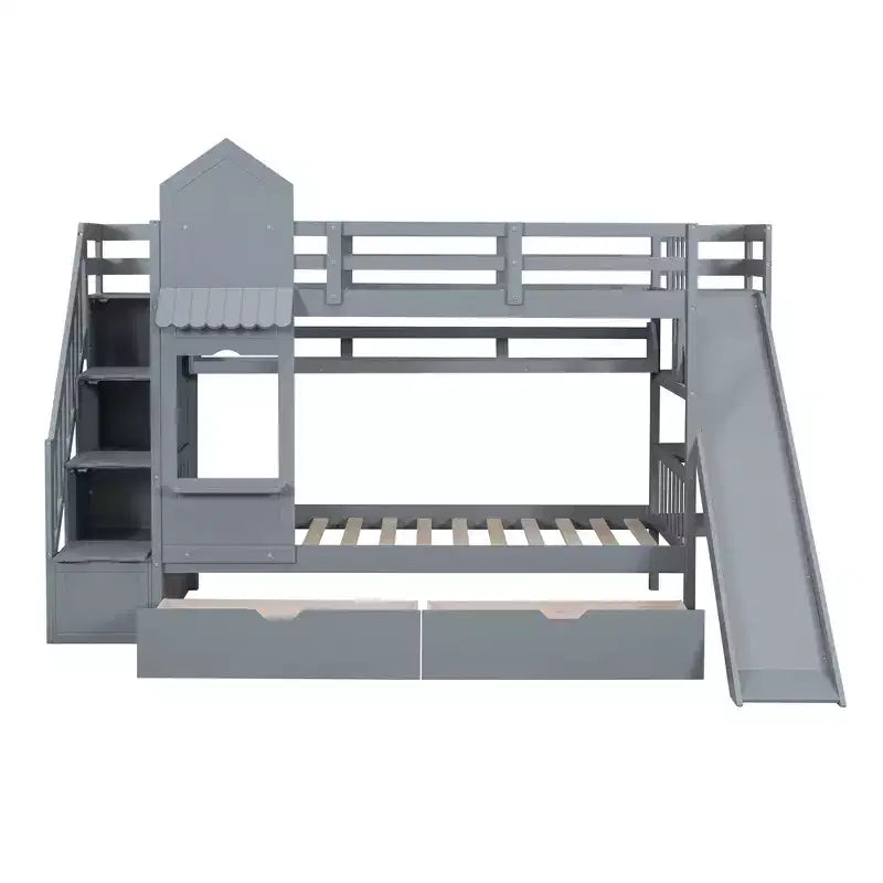 Castle Bunk Bed for Approx. 97 × 191 cm Mattress with 2 Drawers, 3 Shelves & Slide – Kids Loft Bed