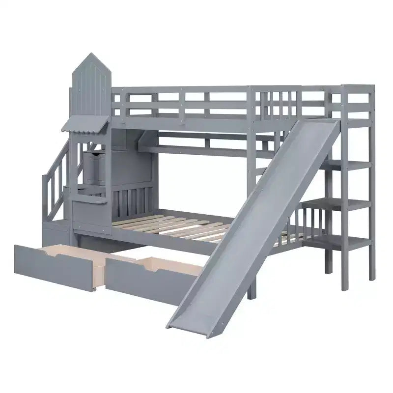 Castle Bunk Bed for Approx. 97 × 191 cm Mattress with 2 Drawers, 3 Shelves & Slide – Kids Loft Bed