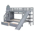 Castle Bunk Bed for Approx. 97 × 191 cm Mattress with 2 Drawers, 3 Shelves & Slide – Kids Loft Bed