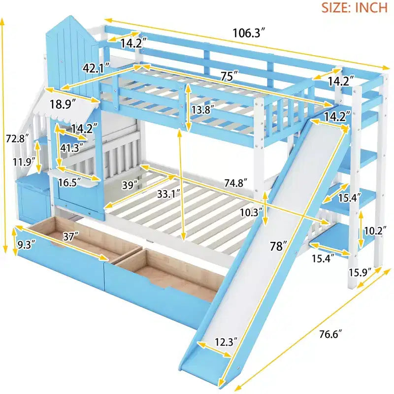 Castle Bunk Bed for Approx. 97 × 191 cm Mattress with 2 Drawers, 3 Shelves & Slide – Kids Loft Bed