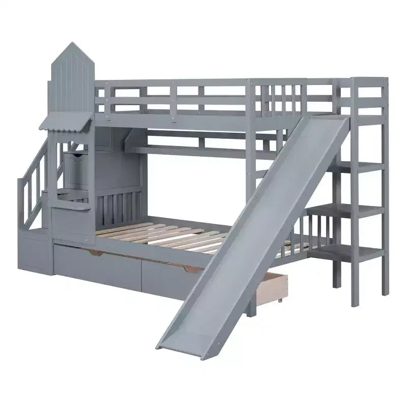 Castle Bunk Bed for Approx. 97 × 191 cm Mattress with 2 Drawers, 3 Shelves & Slide – Kids Loft Bed