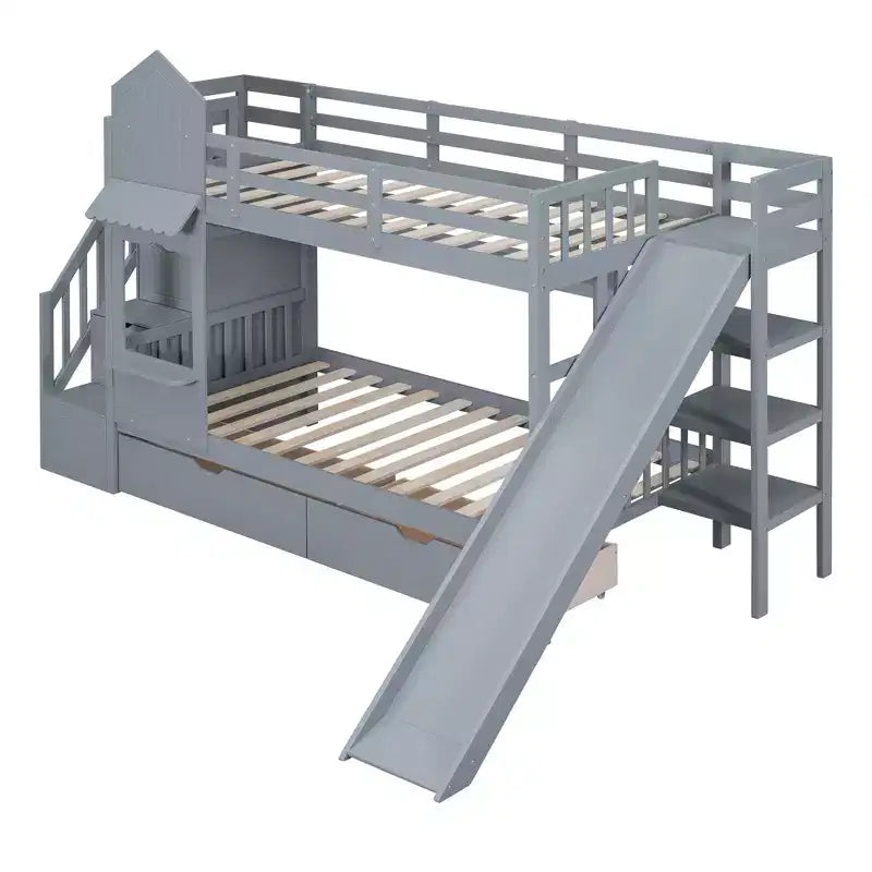 Castle Bunk Bed for Approx. 97 × 191 cm Mattress with 2 Drawers, 3 Shelves & Slide – Kids Loft Bed