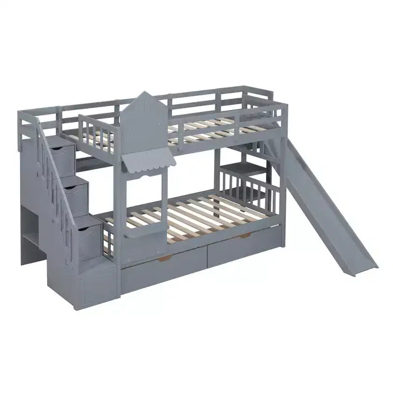 Castle Bunk Bed for Approx. 97 × 191 cm Mattress with 2 Drawers, 3 Shelves & Slide – Kids Loft Bed