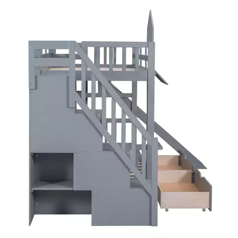 Castle Bunk Bed for Approx. 97 × 191 cm Mattress with 2 Drawers, 3 Shelves & Slide – Kids Loft Bed